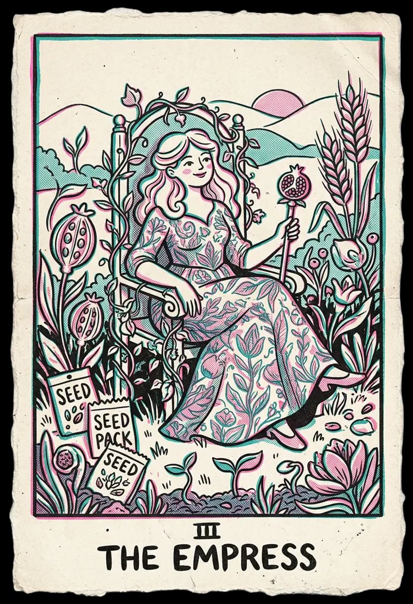 ไพ่ดิ เอ็มเพรส หญิงนั่งกลางธรรมชาติและทุ่งข้าวสาลี