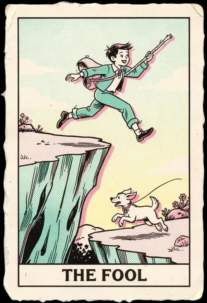 ไพ่เดอะ ฟูล นักเดินทางยืนริมหน้าผาพร้อมสุนัขคู่กาย