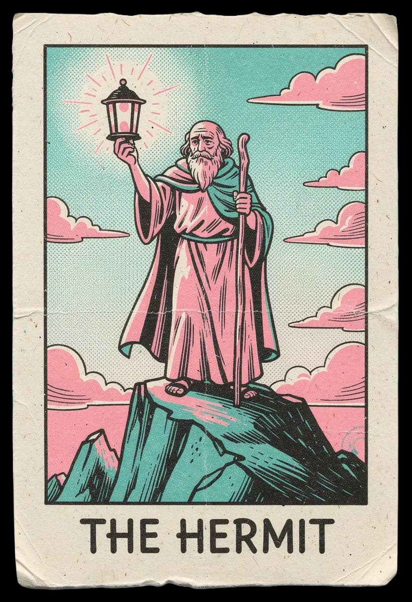 ไพ่เดอะ เฮอร์มิท ฤๅษียืนถือโคมบนภูเขา