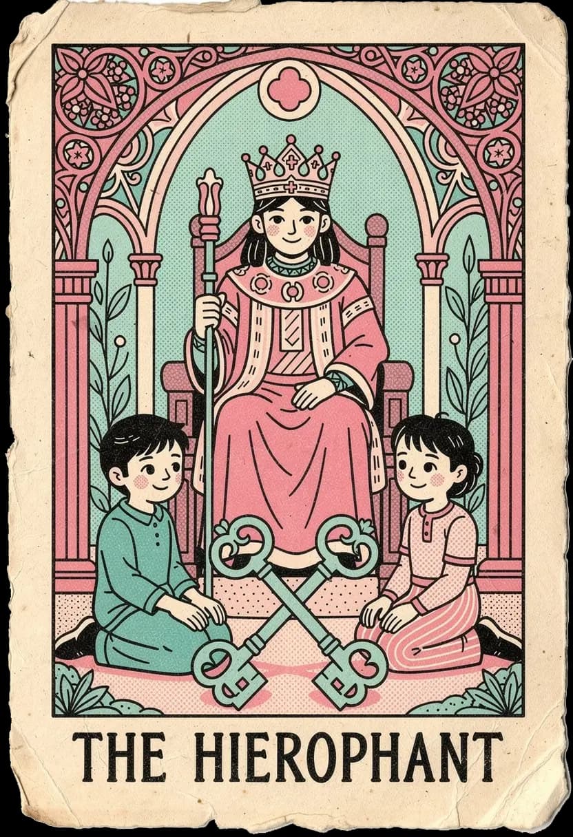 ไพ่เดอะ ไฮโรแฟนท์ นักบวชนั่งให้พรแก่ศิษย์สองคน