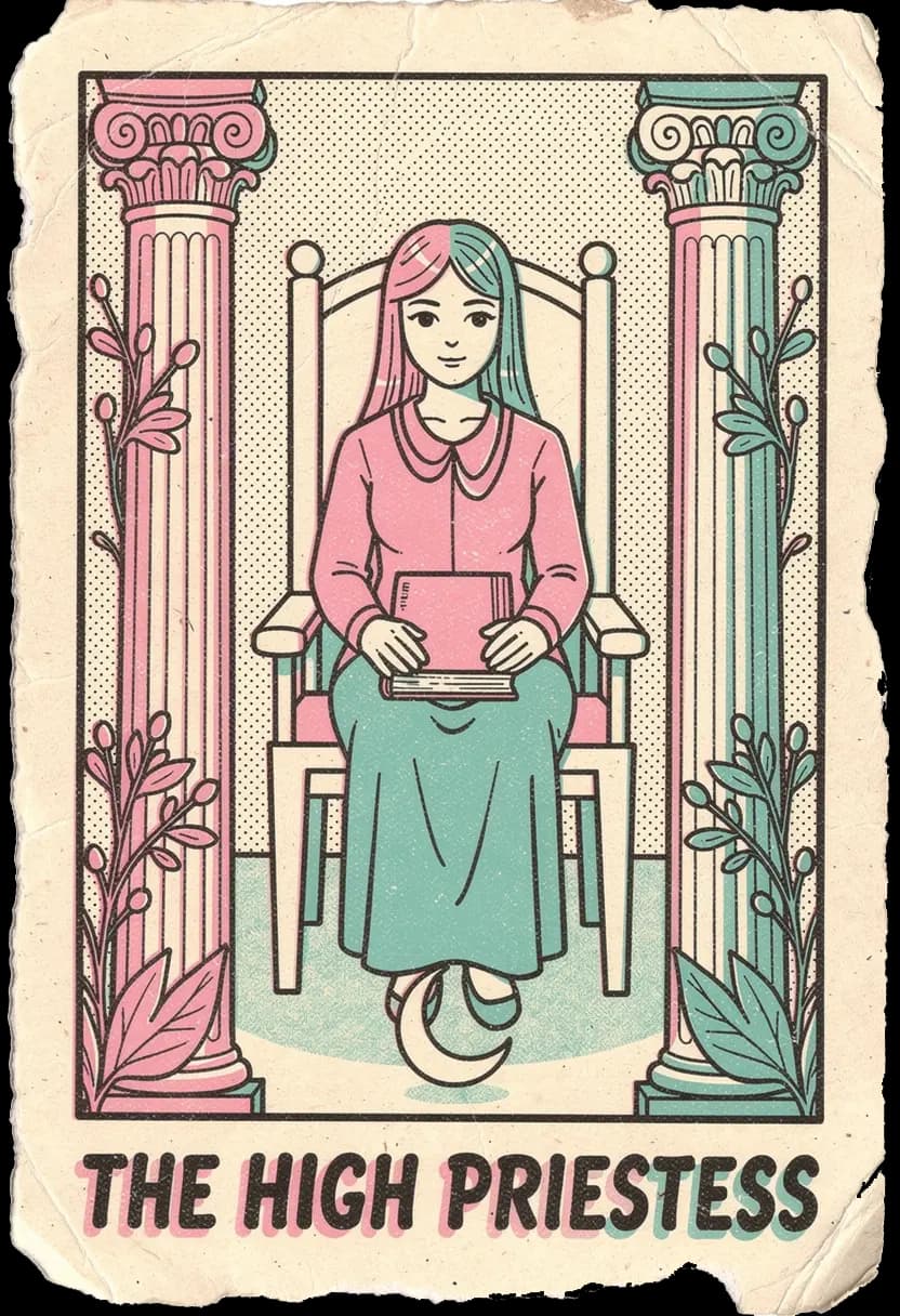 ไพ่เดอะ ไฮ พรีสเตส หญิงนั่งระหว่างเสาสีดำและขาวพร้อมพระจันทร์เสี้ยว