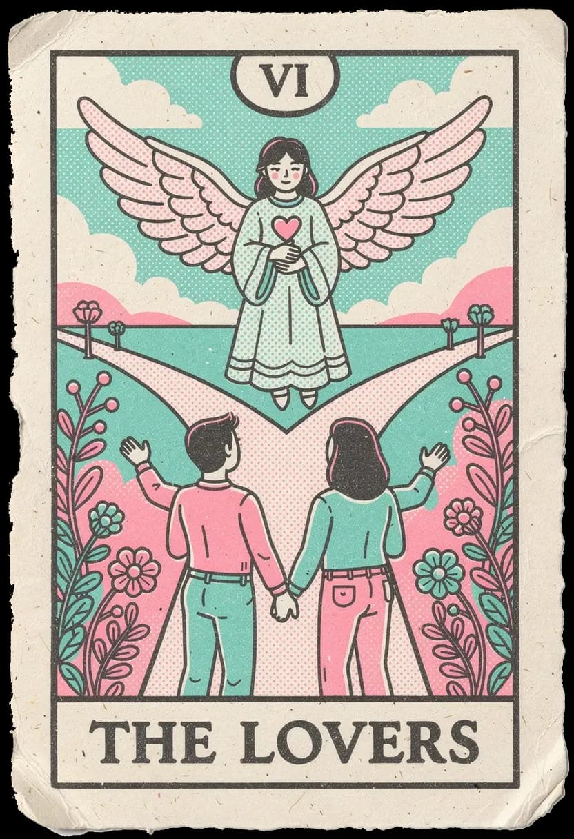 ไพ่เดอะ เลิฟเวอร์ส ชายหญิงยืนใต้เทวดาพร้อมต้นไม้สองข้าง