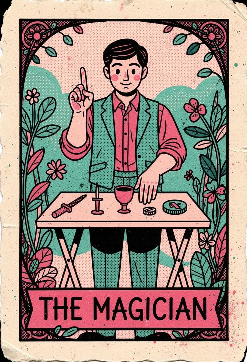 ไพ่เดอะ แมจิเชียน ชายยืนหน้าโต๊ะที่มีสัญลักษณ์ไพ่ทั้งสี่ชุด