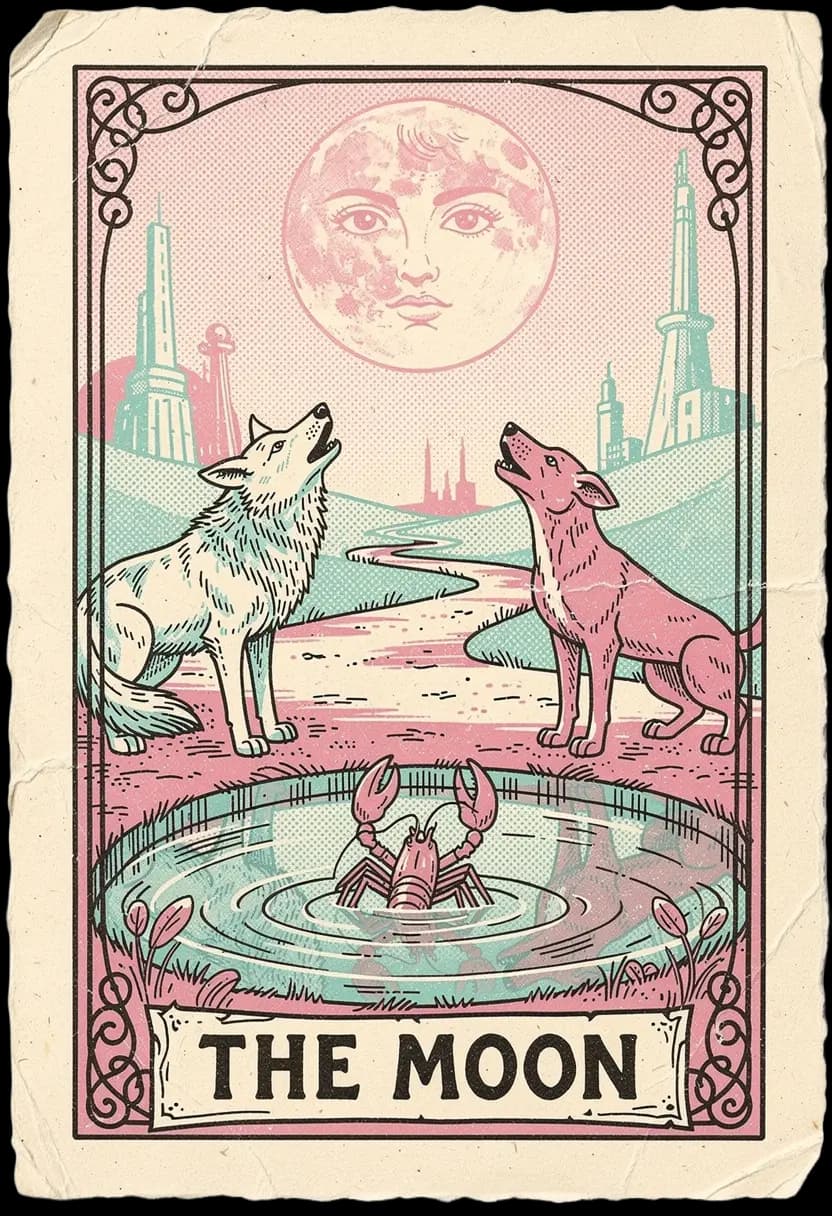 ไพ่เดอะ มูน พระจันทร์ส่องเหนือทางเดินระหว่างหอคอย