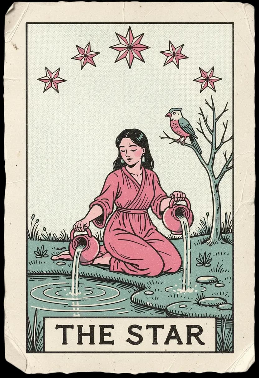 ไพ่เดอะ สตาร์ หญิงเทน้ำข้างสระใต้ท้องฟ้าที่มีดาวส่องสว่าง