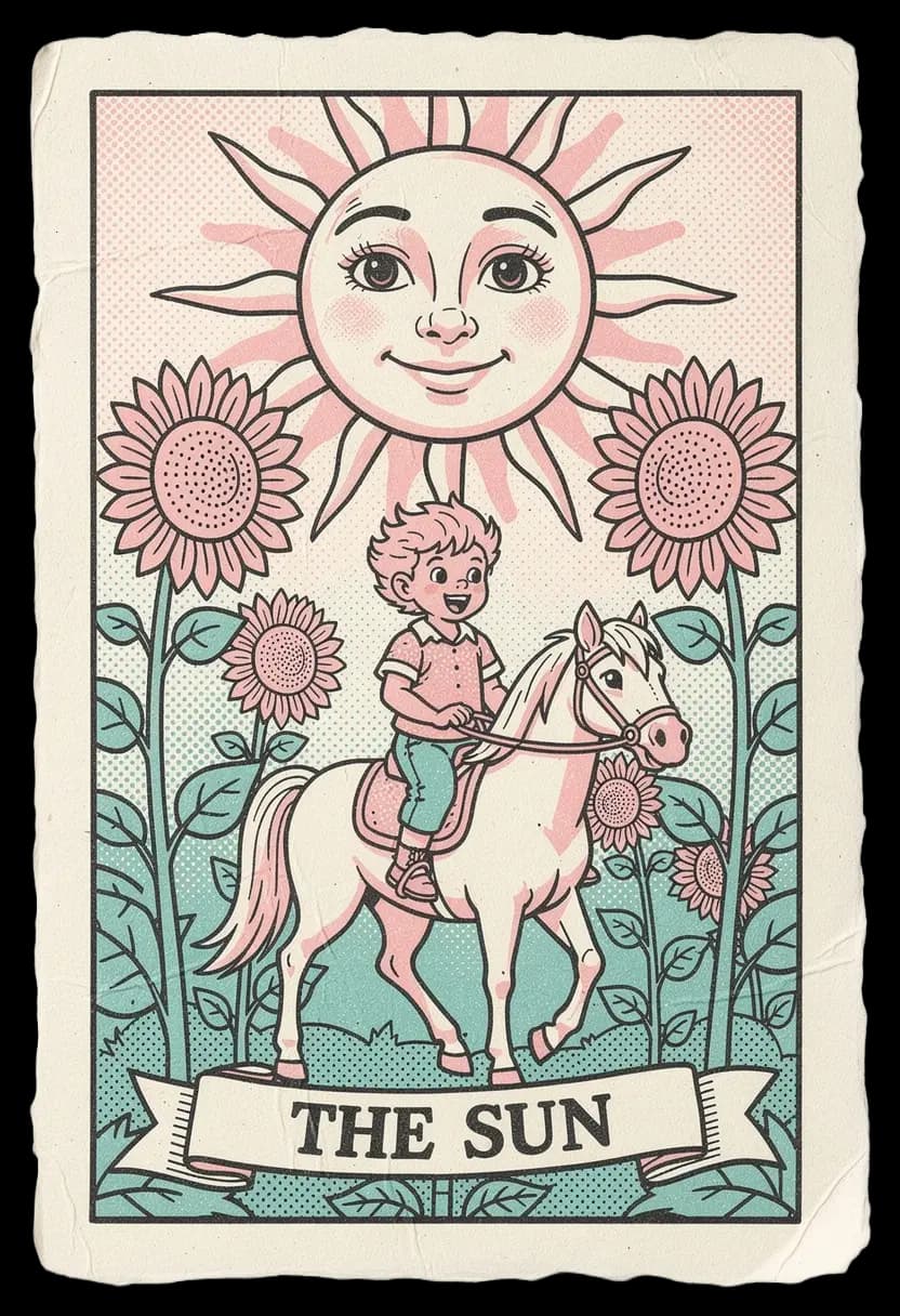 ไพ่เดอะ ซัน เด็กขี่ม้าขาวใต้ดวงอาทิตย์และดอกทานตะวัน