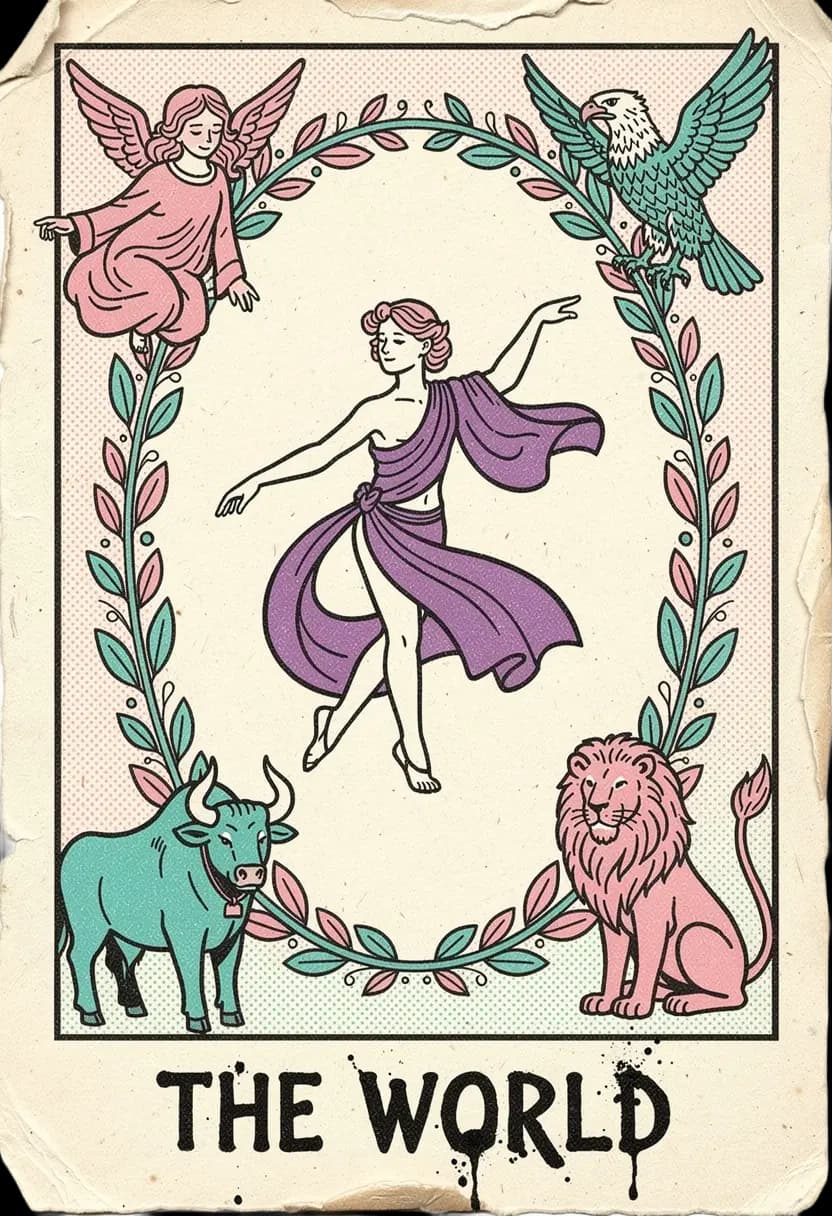 ไพ่เดอะ เวิลด์ หญิงร่ายรำอยู่ในพวงมาลัยลอเรล