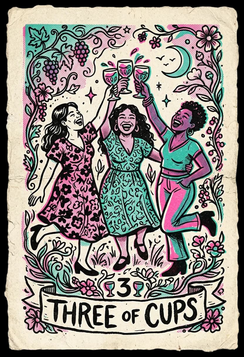 ไพ่สามแห่งถ้วย หญิงสามคนยกถ้วยฉลองกัน