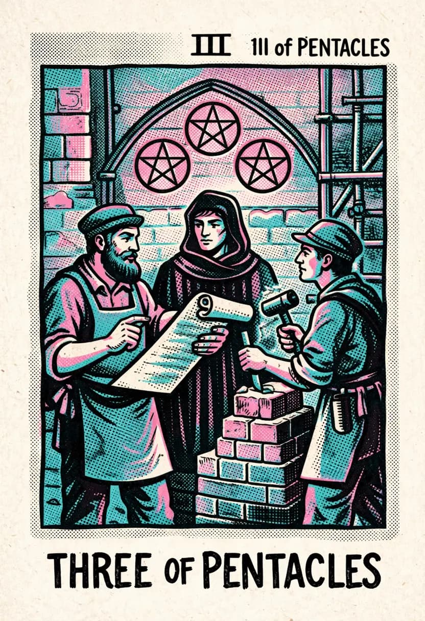 ไพ่สามแห่งเหรียญ ช่างกำลังทำงานในโบสถ์ร่วมกับผู้อื่น