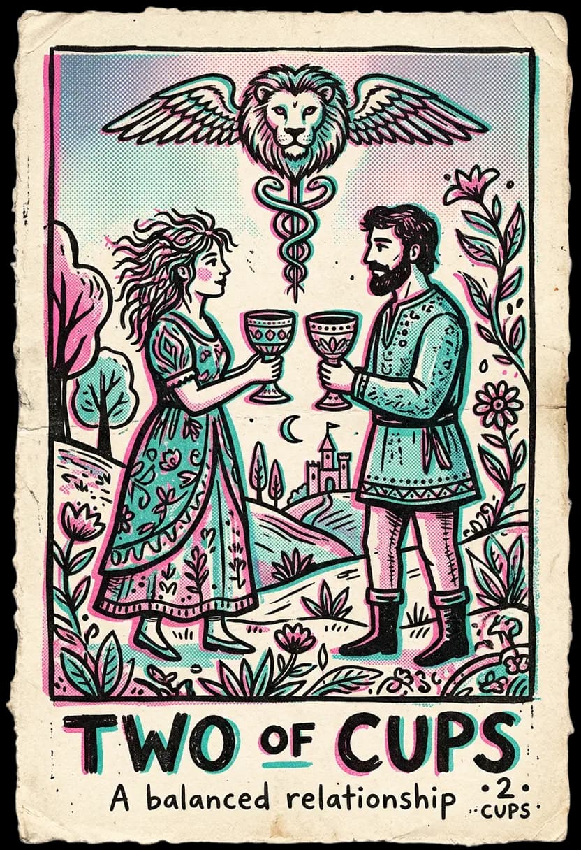 ไพ่สองแห่งถ้วย ชายหญิงยกถ้วยให้กัน