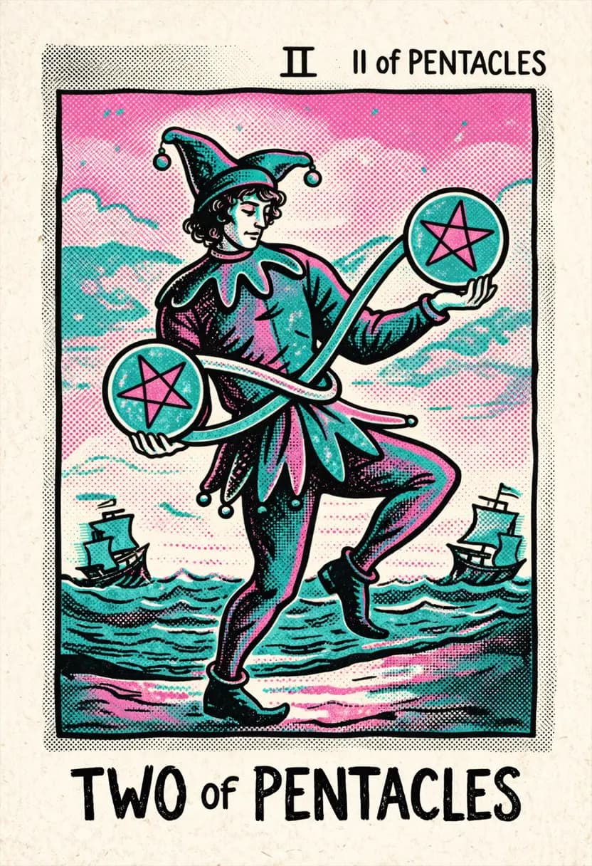 ไพ่สองแห่งเหรียญ ชายกำลังเล่นเหรียญสองเหรียญพร้อมสัญลักษณ์อินฟินิตี้