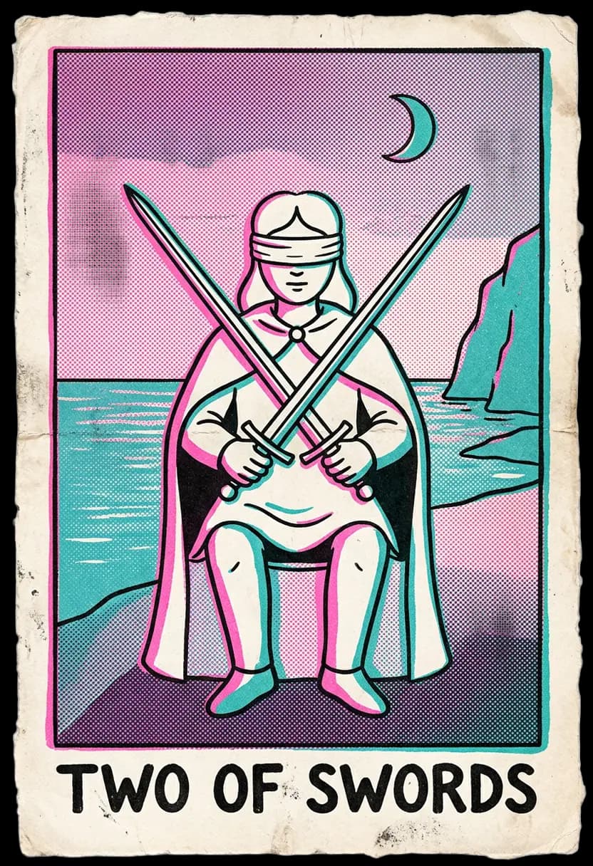 ไพ่สองแห่งดาบ หญิงปิดตาถือดาบไขว้กลางอก