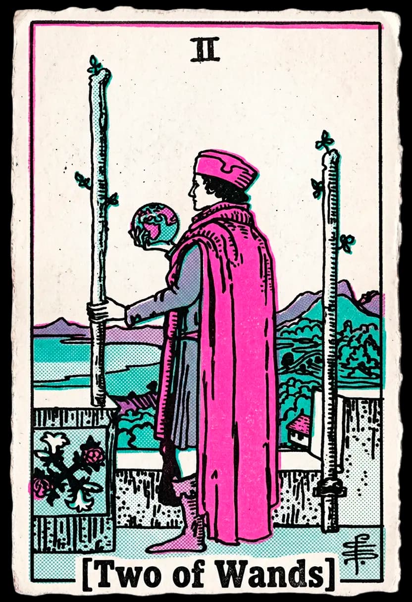 ไพ่สองแห่งไม้เท้า ชายยืนถือโลกมองออกไปไกล