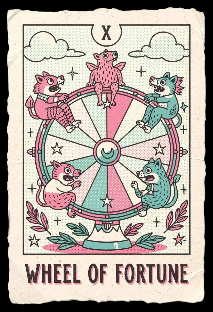 ไพ่วีล ออฟ ฟอร์จูน วงล้อแห่งโชคชะตาพร้อมสัญลักษณ์ลึกลับ